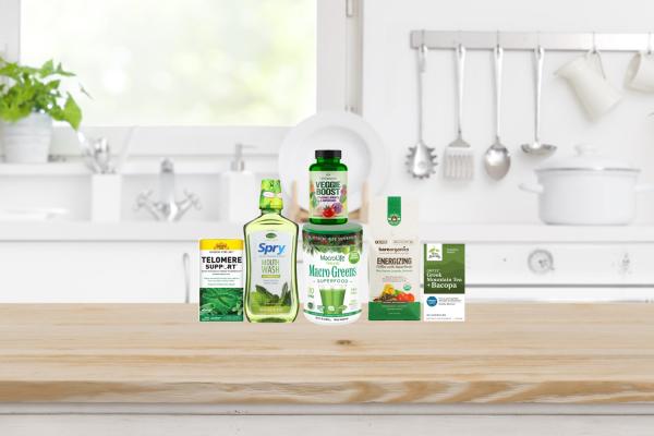 a selection of all-natural supplements, superfoods, and body care products