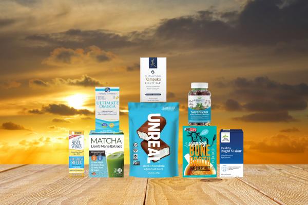 a selection of all-natural foods, supplements, and body care products