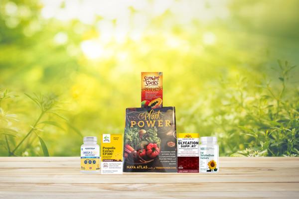 a collection of all-natural supplements, foods, and a plant-based cookbook
