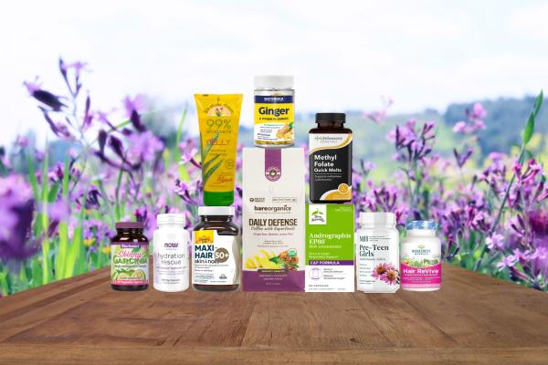 a selection of all-natural supplements and superfoods for women's health and beauty