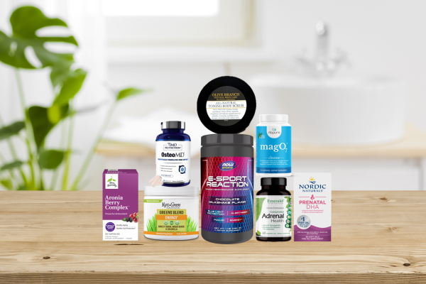 assortment of supplements and body care product