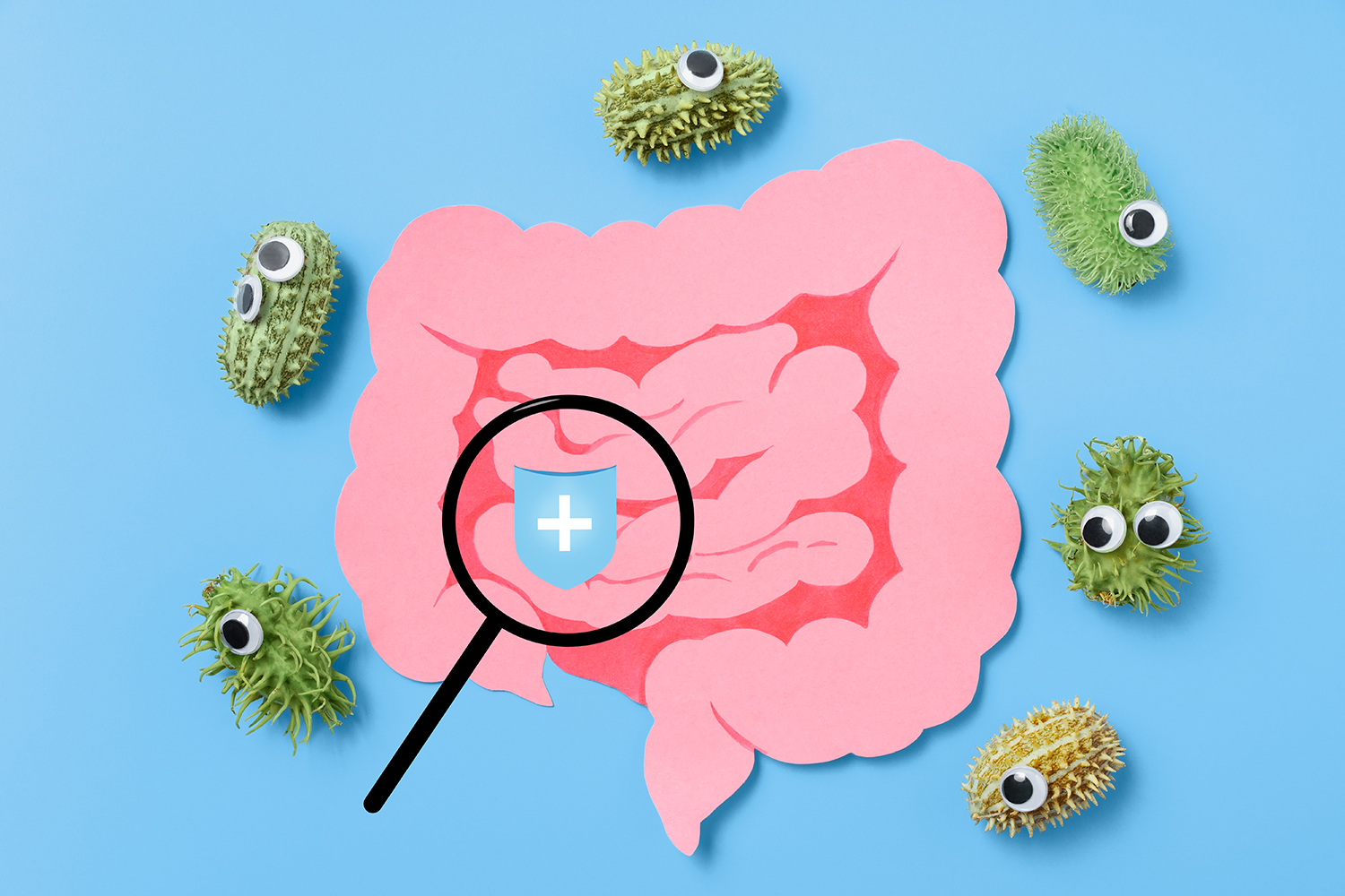 a cartoon illustration of healthy bacteria and intestines
