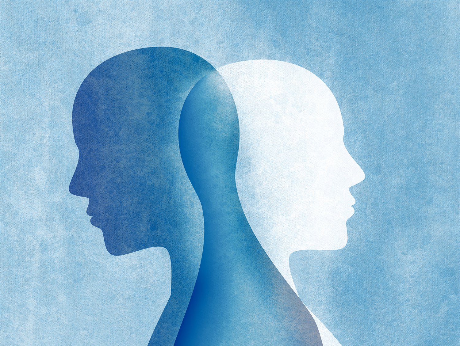 overlapping silhouettes standing back-to-back