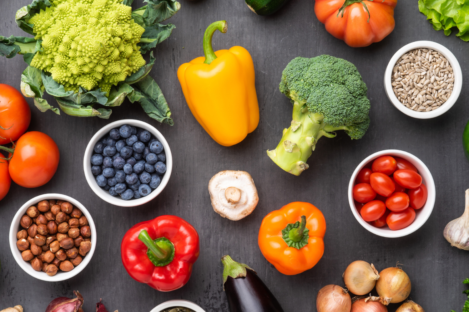 fruits, nuts, seeds, and vegetables high in vitamins and minerals